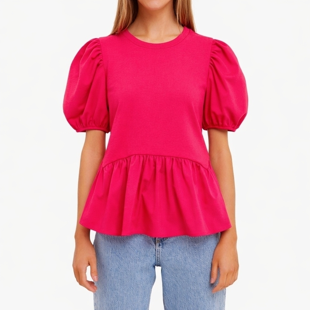 English Factory Hot Pink Peplum Babydoll Feminine Top Puff Sleeves Size Medium - Picture 9 of 10